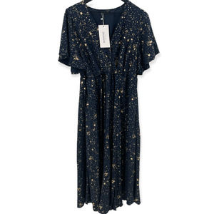 Bloomchic Navy Star Button Pocket Wrap Split Ruffles Maxi Dress Size 14/16